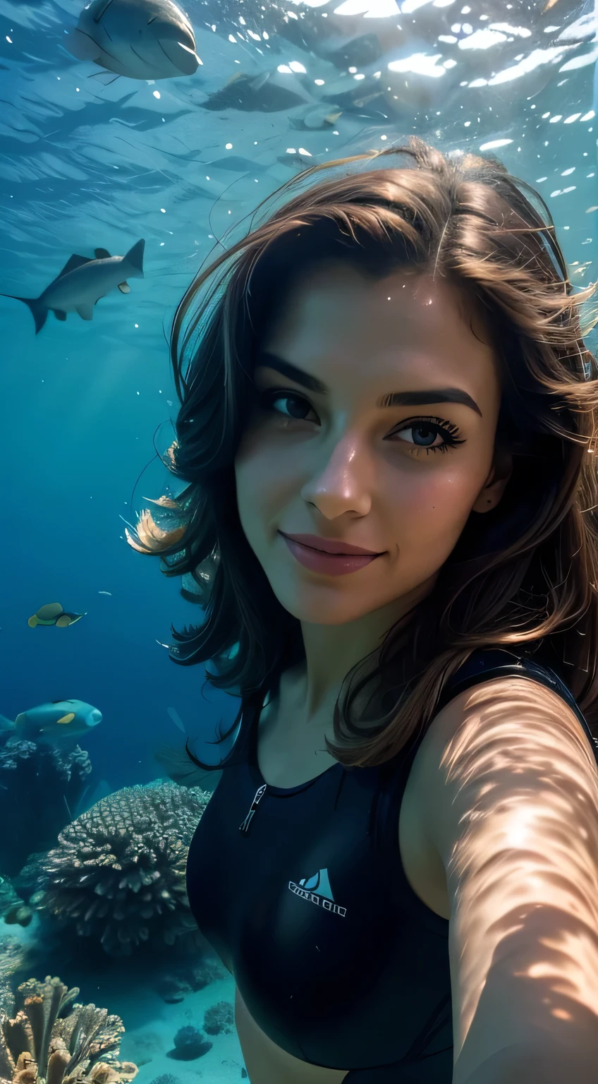 1 woman, Albanian, beautiful, (selfie, happy), Shooting in an underwater tent near a coral reef, Vibrant coral and marine life backlight, Tent Open Sign, Masterpiece, Best Quality, Ultra-detailed, Solo, exteriors, underwater wonder, colorful reef backdrop, Nature (submerged beauty), cheerful, happy, Cosy in diving attire, Inside the tent, When you open the tent, views of the mesmerizing underwater world, teeming with fish, corals, and the play of light through the water, shadowy contrasts, a serene atmosphere, analog style, looking up at viewer, skin texture, film grain, warm hue, warm tone, close-up, Cinematic light, Sidelighting, ultra-Highres, best shadows, wearing a functional yet stylish dive suit, Relaxed and intimate photos, with long brown hair.