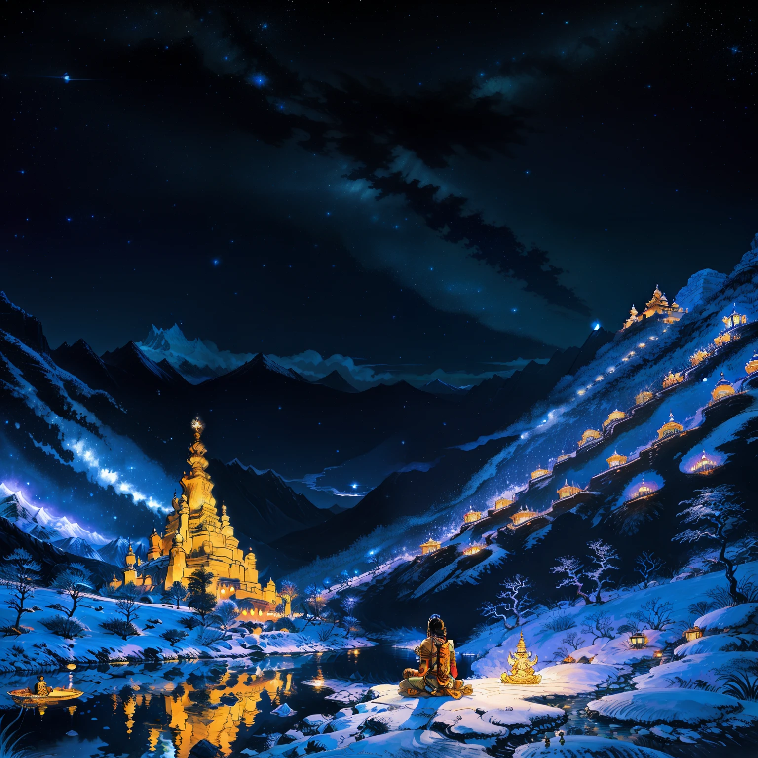 Create a captivating painting of Lord Shiv in meditation, nestled amongst the hills and rivers, with the majestic mountain range as a backdrop. The tranquil scene is illuminated by the starry night sky, with droplets of water cascading from the mountainside, merging with the serene river below. In the shining moonlight, Lord Shiv is depicted with a focused expression, deep in meditation next to his sacred Lingam. The painting is executed in the distinctive style of Van Gogh, with bold swirling brushstrokes and vibrant colors, bringing the spiritual energy of the scene to life.

4k Picture Quality
In the starry night
Lord