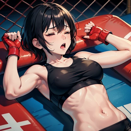 two person, Small breasts. poor belly, Cute Japanese high school girl with short cut black hair. She is lying down in a mixed martial arts ring. Fighting by grappling. Opposing female fighter is beating her body so hard. She is closing eyes. She is screaming. Very sweaty, slender body, poor body, sports bra, bikini pants, open finger gloves.