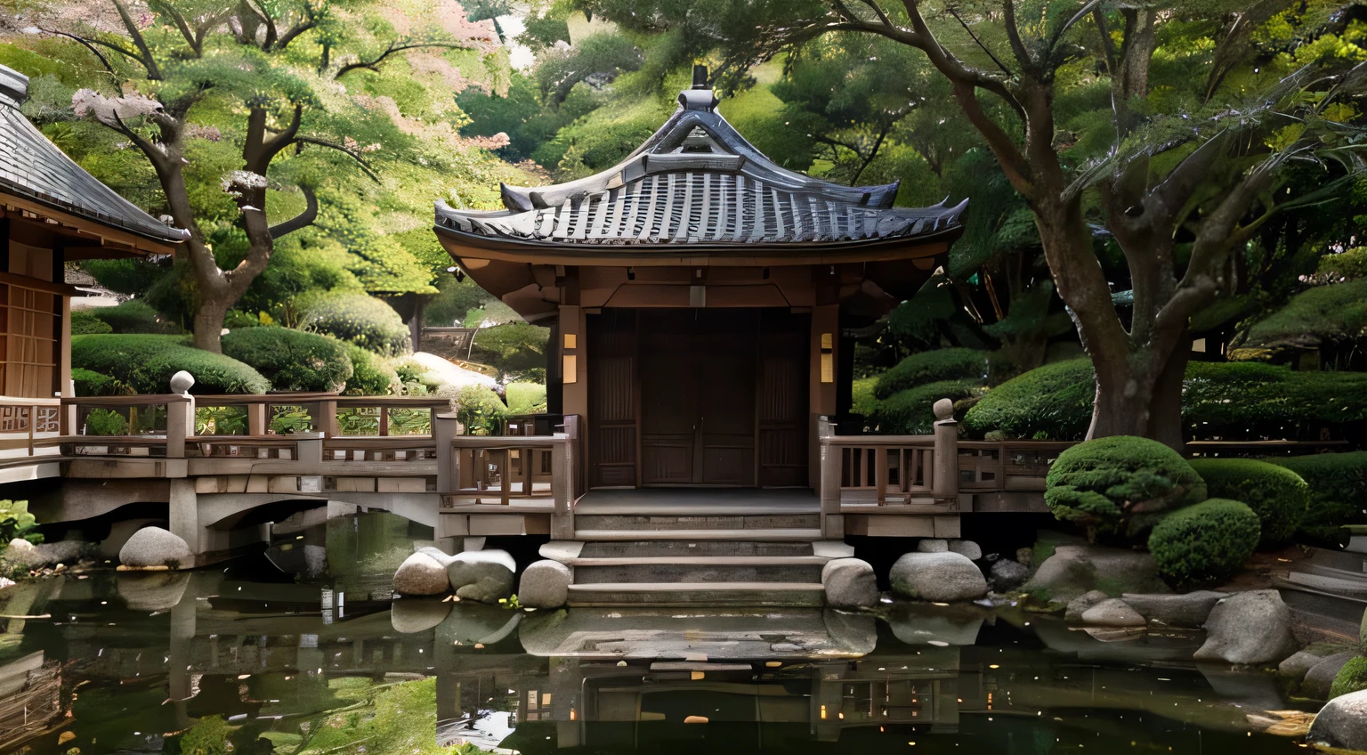 castle, Japanese, garden, pond, traditional architecture, cherry blossoms, stone lanterns, koi fish, wooden bridge, peaceful atmosphere, serene, tranquility, pagoda, decorative roof tiles, colorful, vibrant, lush greenery, reflection, harmony, zen garden, bonsai trees, pebble path, wooden deck, tea house, meditation, cultural heritage, historical, elegant, picturesque, surreal, misty, soft lighting, marvelous craftsmanship, intricate details, symmetrical design, ancient traditions, timeless beauty, oriental, architectural marvel