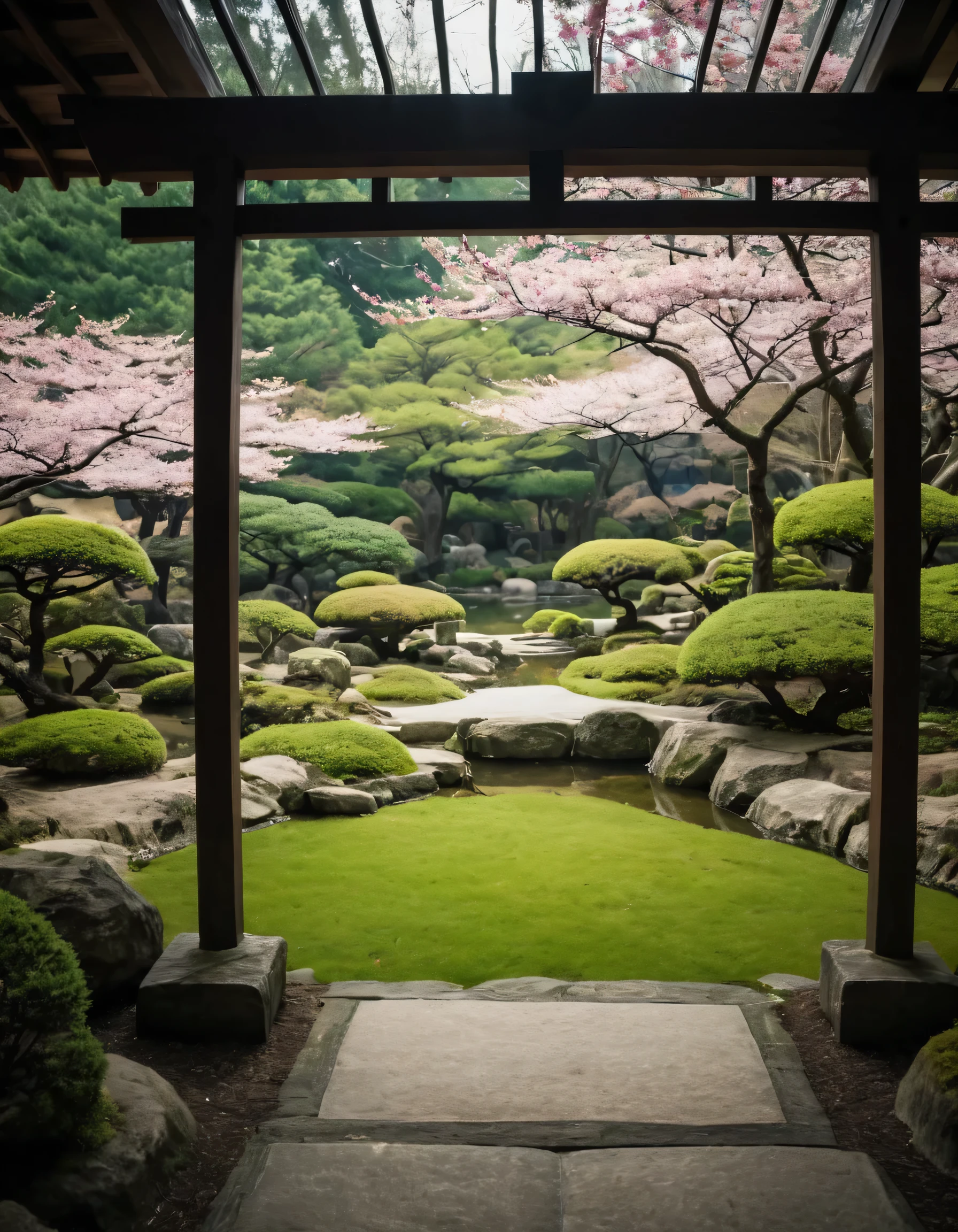 raw photo of a beautiful japanese garden in spring, shown through a tori, cinematic shot, harsh lighting
