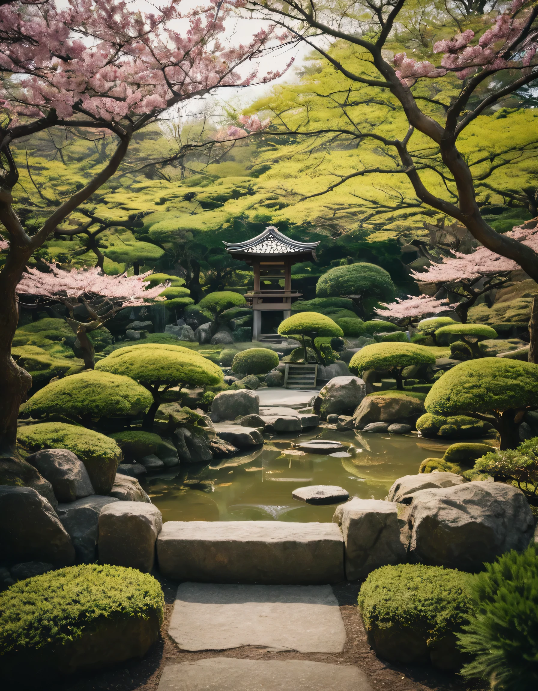 raw photo of a beautiful japanese garden in spring, shown through a tori, cinematic shot, harsh lighting