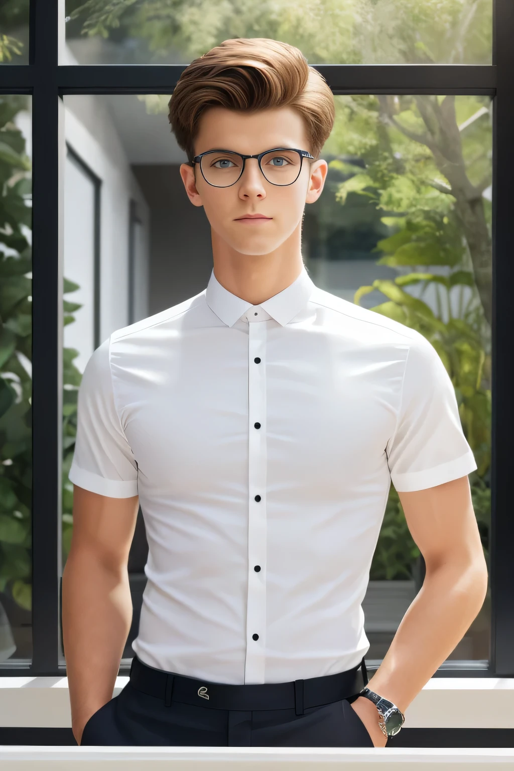 **Masterpiece, Nils 11, Handsome 20 year old man with white shirt, tight, thin, Look at me.., Focused eyes, stand, Wear a white short-sleeved shirt.., Black tie, brown hair, indoor, Outside the window is a garden..., Rimless glasses, The surface is patterned.., Superb details, best quality, 8k --ar 2:3** - (Waiting to start)