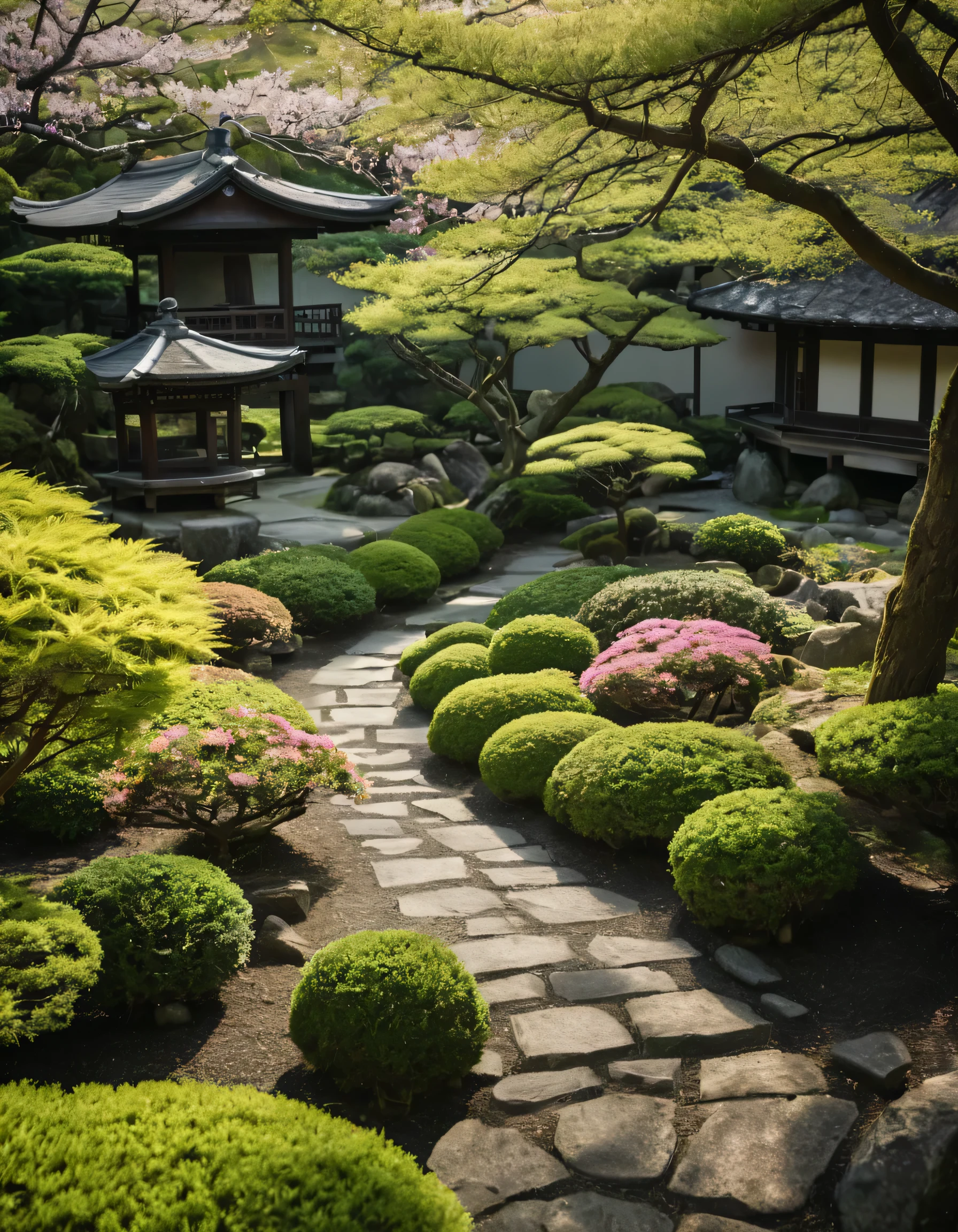 raw photo of a beautiful japanese garden in spring, shown through a tori, cinematic shot, harsh lighting