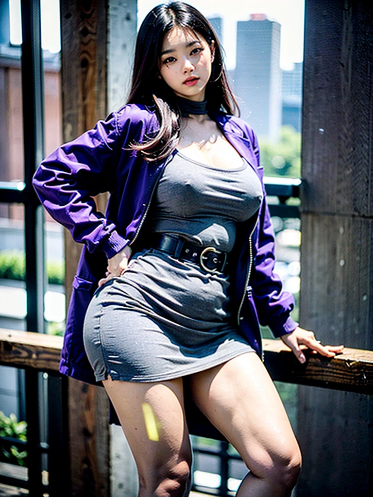 1990s, (masterpiece), high-definition, detailed face, cute korean girl, thick body, (big tits: 1.4) big hips, round ass, (black hair with dark purple highlights: 1.4), (tight grey t-shirt: 1.4), (black jacket: 1.4), (purple tight skirt: 1.3), belt, (black thong: 1.2), thigh high stockings, boots, fishnet, pin-up pose, balcony