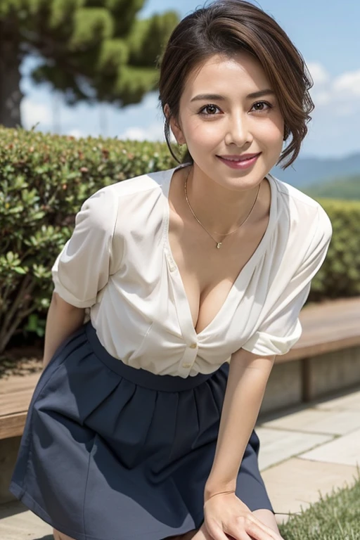 8k, highest quality, masterpiece, Realistic, Photorealistic, Very detailed, Natural light, On the grass, The sky is clear, blue sky, Detailed Scenery, 1 Japanese female, 40 years old, Slightly brown-haired, short hair, Y-shirt, (Leaning forward to look into the camera on the floor), Detailed bending forward, On all fours, mini skirt, 下着にY-shirt姿, Shapely breasts, Detailed open neckline shirt, I can see her cleavage, A refreshing smile, Friendly smile, Happy emotion smiley face, Very detailedな顔と肌, Very detailedな目, Very detailedな顔と肌, Very detailedな笑顔