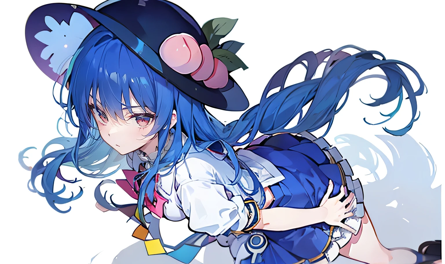 (masterpiece),best quality, expressive eyes, perfect face, 1girl,
hands on waist,beautiful, gorgeous,anime,girl,lora,hinanawi tenshi, blue hair, blue haired, floating clothes,waist grab, grabbing waist, mains sur les hanches , hands on hips,w sitting, w sitting on ground, legs on ground, flat chest