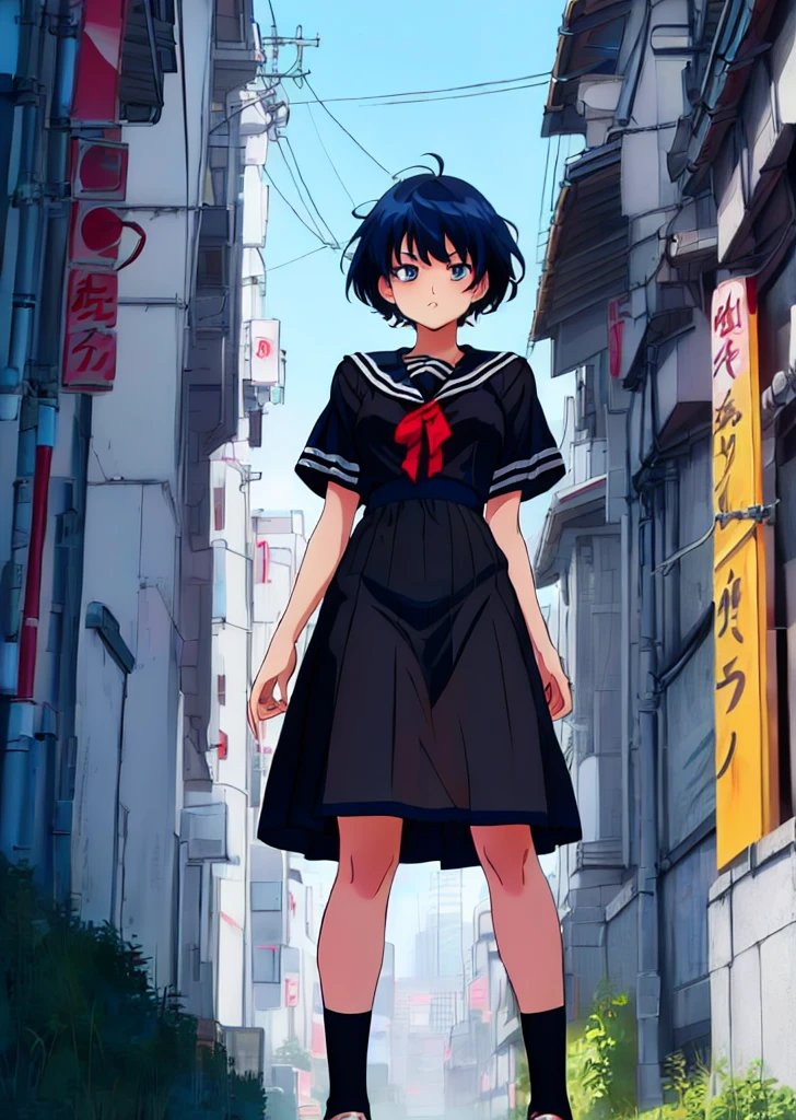 (perfect composition),anime character Sukeban delinquent girl standing on a city street corner in black seifuku with black very long skirt, anime style. 8k, anime style mixed with fujifilm, retro anime girl, anime styled digital art, in tokyo, anime style illustration, anime style 4 k, anime style artwork, anime poster film still portrait, tokyo anime scene, modern anime style, anime style digital art, short hair, 26year old, red converse,