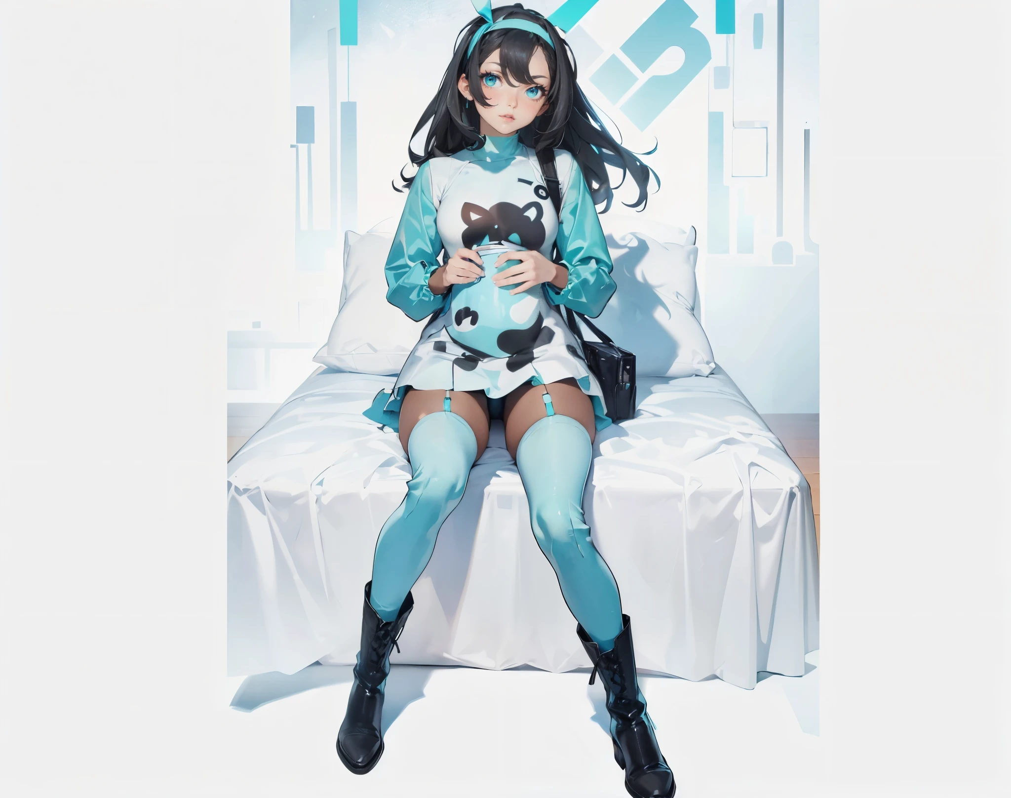 (maximum resolution: 1.2), (ultra high definition:1.2), cinema light, 8K resolution, fine eyes and skin, detailed face, perfect style, cute face, Accurate, anatomically correct, Highly detailed face and skin texture, beautiful and meticulous droopy eyes, 23 years old, (black hair:1.5), long hair, parted bangs, blue eyes, (white hairband:1.5), (long sleeves one-piece patternless dark cyan shirt:1.5), (tights:1.2), (boots:1.5), sitting sexy posing,