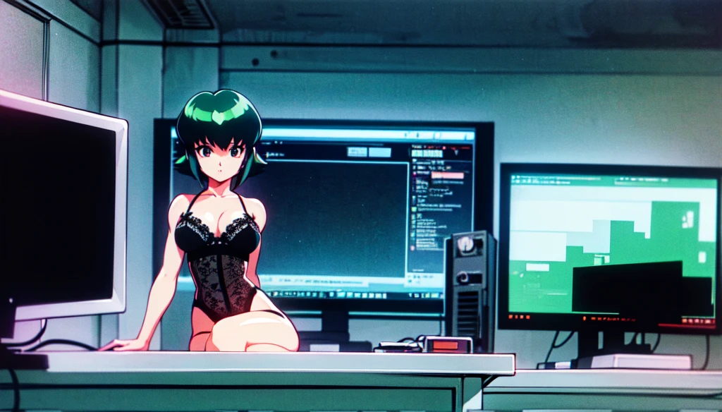 (perfect composition), (high resolution, masterpiece, ultra best quality, insanely amazing hyper fine extremely detailed, official:1.4)( full body, 80's horny milf hacker anime girl in lingerie sitting at a desk with a vintage computer, seductive hacker anime girl in lingerie, retro cyberpunk anime, 80's cyberpunk anime girl in lingerie, digital cyberpunk anime!!, best anime 4k konachan wallpaper, (anime girl with green teal short hair), 90's anime style in 4 k, mega man legend art ,black latex lingerie, black lace lingerie, 80's, multiple old computer , serial experiments lain room, high degree electronic laboratory, lots of old computer hardware, surrounded by old computer screen, a lots of cable wires, octane rendering, colorful contrast, unadorned, dark computer room, night, betterHands