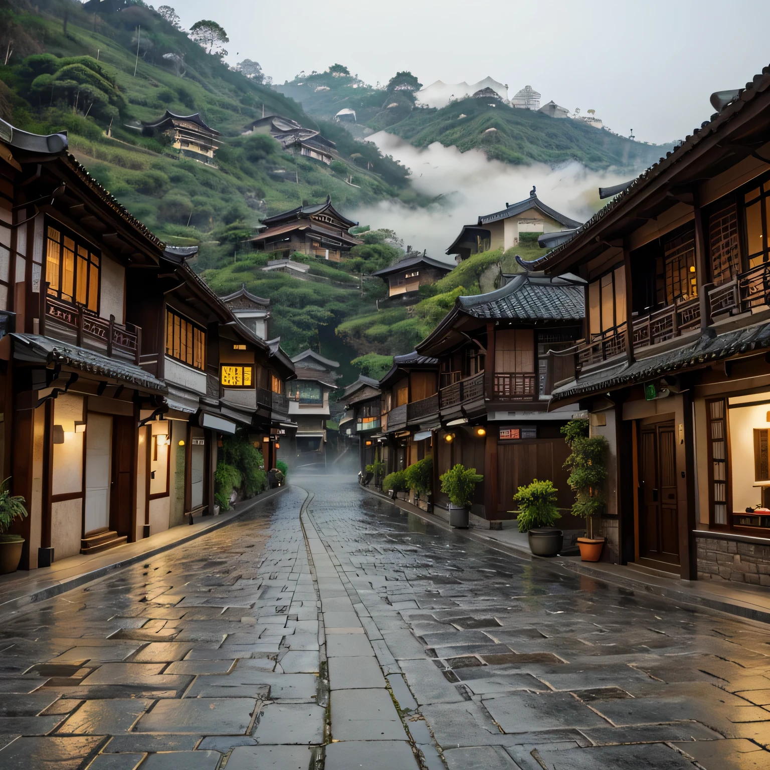 best quality,4k,8k,highres,masterpiece:1.2,ultra-detailed,realistic,misty traditional Chinese cityscape with Chinese style,asphalt-paved streets and cobblestones,traditional Chinese houses nestled in a valley of lush green medium hills, misty atmosphere,traditional chinese tample in top of a hill, South American Atlantic rainforest, vibrant colors, soft natural lighting