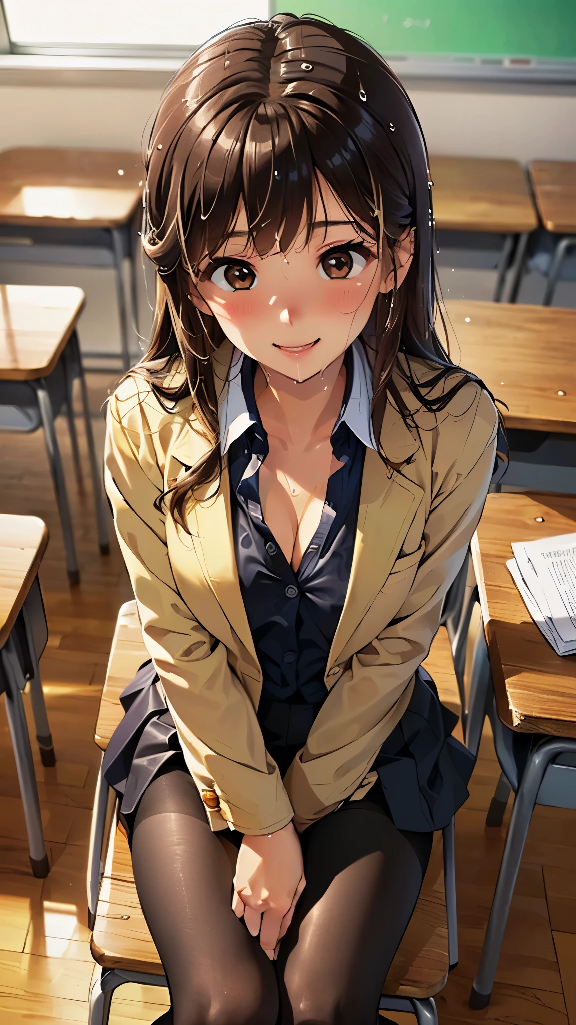 ((highest quality、Mastepiece、High resolution))、(((Zoom photo from above:1.95、15 years old、blush、high school girl、blazer、shirt、skirt、black tights、Cute smile:1.5、、Wet body、Wet Hair、Cleavage、Brown Hair、Semi-long hair、In the classroom)))