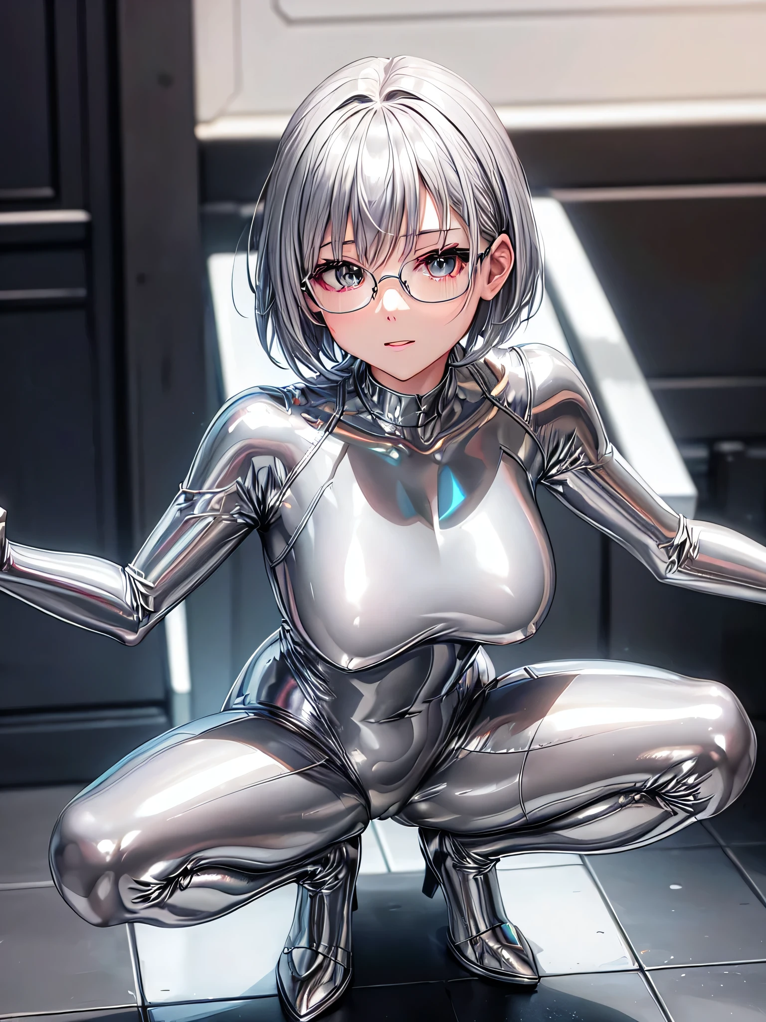 Highest quality 8K UHD、Mastepiece、short hair、Wide-open legs、Squatting with legs apart、Silver Hair、Glasses、Shiny silver tights、A beautiful woman wearing a silver metallic suit、Full body silver metallic rubber suit