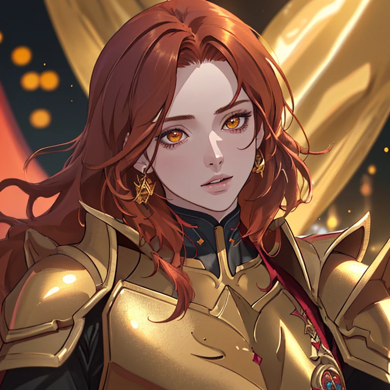 best quality,ultra-detailed,realistic:1.37,portrait,"dhoko de libra, detailed golden armor, intense red hair",professional,studio lighting,vivid colors,sharp focus,physically-based rendering,bokeh