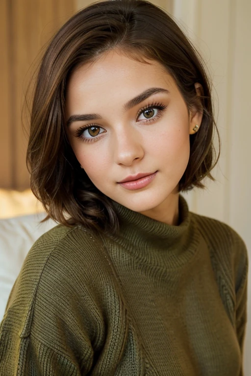 The camera captures a young 25 year old woman with fair skin and short length brown hair and hazelnut brown eyes, her upturned nose giving her a unique and alluring look. She has full lips and wears a (cute natural make-up) Her eyes sparkle and she is wearing a green sweater, she looks cute and innocent 