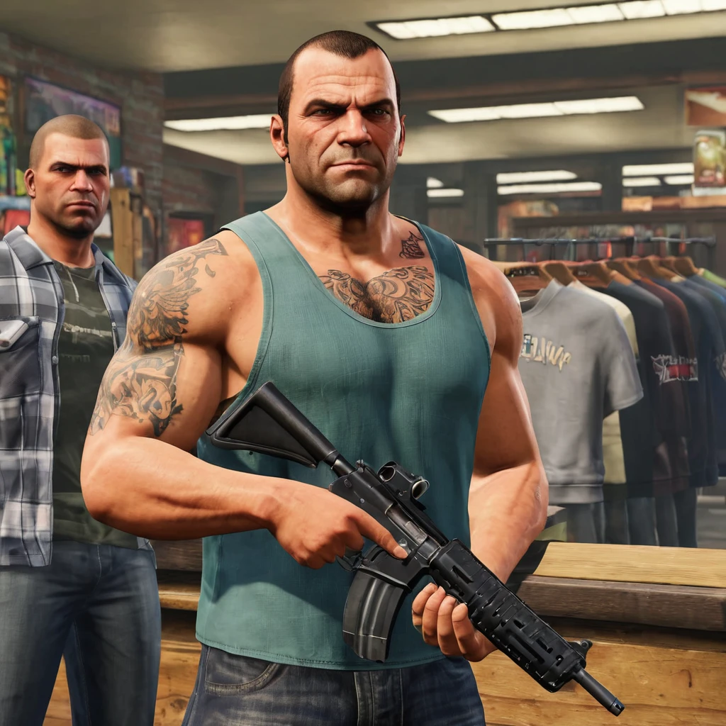 grand theft auto series, Trevor GTA 5, in clothing store,muscular criminal,Americans,Evil smile,detailed gun details,masterpiece,film like,