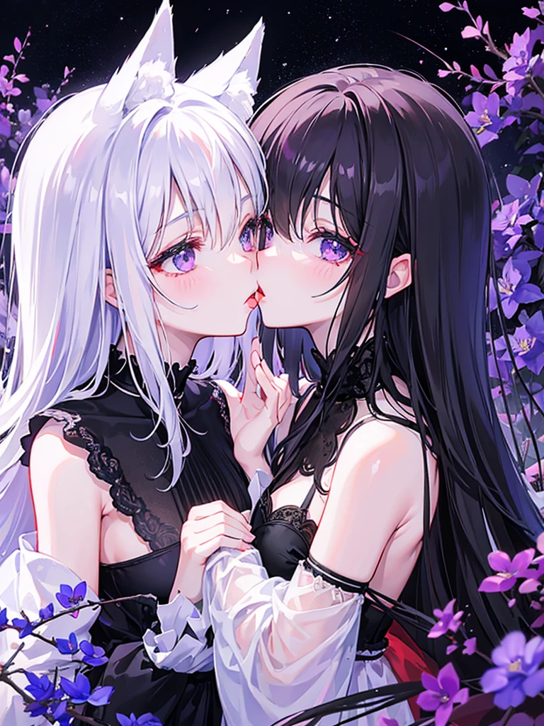 Magic Kiss.Red lips，love，2 girls，Fox ears，Kiss each other，antipodeans，black and white，Sea of violet flowers，Grand scene