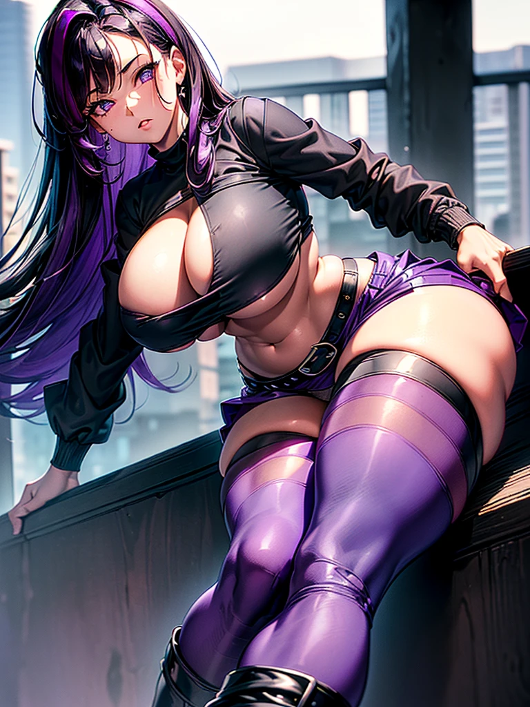 1990s, (masterpiece), high-definition, detailed face, cute girl, thick body, (big tits: 1.4) big hips, round ass, (black hair with dark purple highlights: 1.4), (tight grey t-shirt: 1.4), (black jacket: 1.4), (purple tight skirt: 1.3), belt, (black thong: 1.2), thigh high stockings, boots, fishnet, pin-up pose, balcony