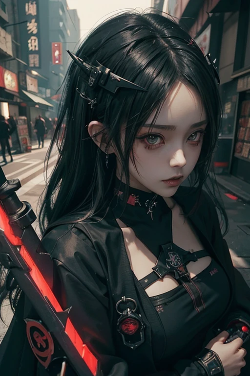 a woman in a black and red dress holding a sword, by Yang J, gothic maiden anime girl, cyberpunk anime girl, artwork in the style of guweiz, female cyberpunk anime girl, guweiz, gothic - cyberpunk, anime girl wearing a black dress, anime cyberpunk art, gothic city streets behind her, 1 7 - year - old anime goth girl