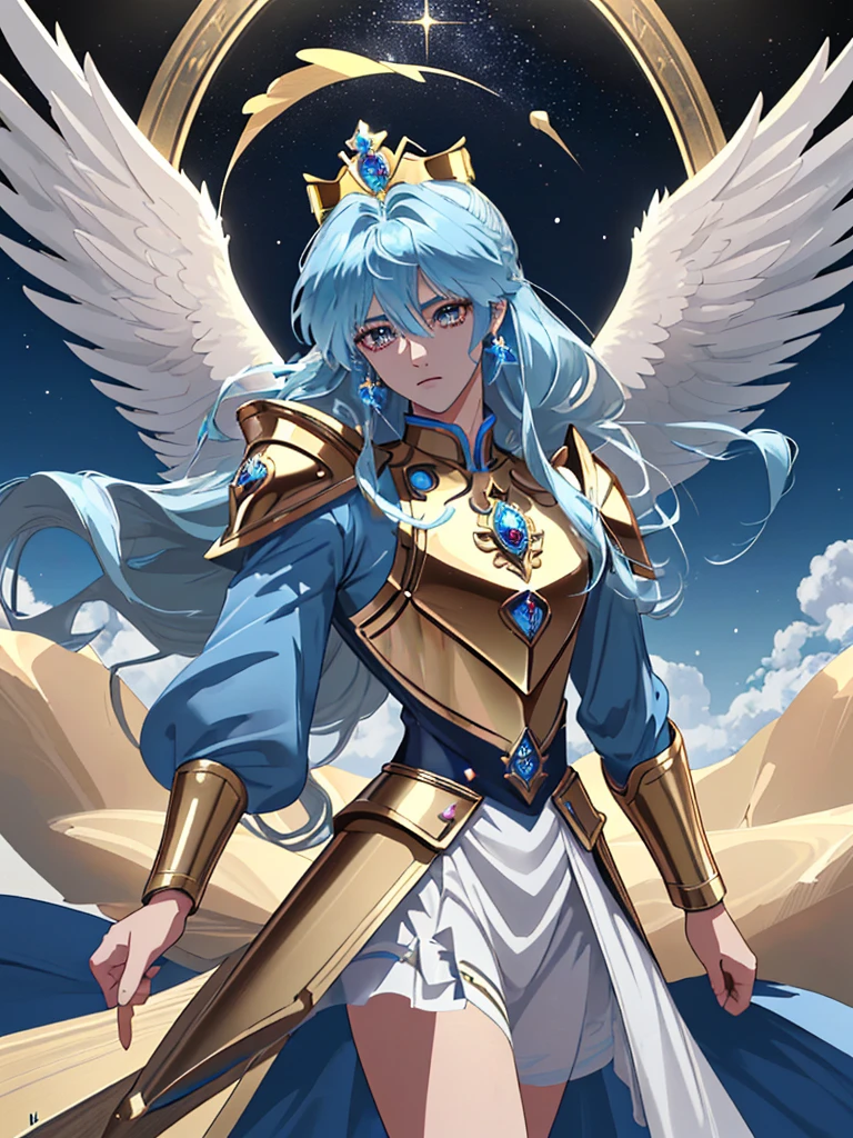 (seiya,personaje),(Pegaso,armadura dorada),(azul,:0.9,Pegaso Deity:1.1,cabello:1.1),(detallados ojos hermosos,labios hermosos detallados,ojos y cara extremadamente detallados,magic potions:1.1,leaf-like crown)
(best quality,4k,8k,high resolution,obra maestra:1.2),textura dorada realista,ojos azules brillantes,aura sagrada,contrastante brillo celestial,divine lighting effect:brighten,background:estrellado:0.9,divine energy effect:1.1,efecto de borde luminoso,hair waving in the breeze,color vibrante,resistant possession,dominant and majestic position,waving Pegasus wings,heroic stance,full of power:bearing,prominent heavenly glow,epic scene,surrounded by ethereal energy,elegante destacado Please note:This is the prompt generated based on the theme you gave,Describes the details of generating a picture of Saint Seiya wearing a golden armor with blue hair。