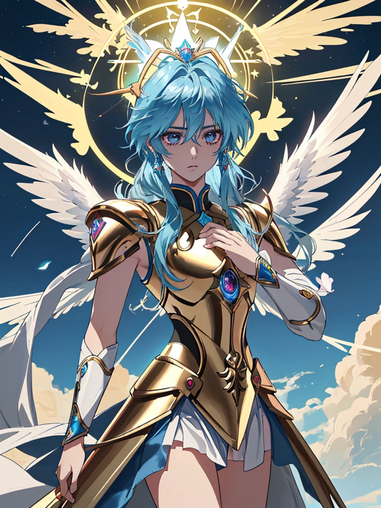 (seiya,personaje),(Pegaso,armadura dorada),(azul,:0.9,Pegaso Deity:1.1,cabello:1.1),(detallados ojos hermosos,labios hermosos detallados,ojos y cara extremadamente detallados,magic potions:1.1,leaf-like crown)
(best quality,4k,8k,high resolution,obra maestra:1.2),textura dorada realista,ojos azules brillantes,aura sagrada,contrastante brillo celestial,divine lighting effect:brighten,background:estrellado:0.9,divine energy effect:1.1,efecto de borde luminoso,hair waving in the breeze,color vibrante,resistant possession,dominant and majestic position,waving Pegasus wings,heroic stance,full of power:bearing,prominent heavenly glow,epic scene,surrounded by ethereal energy,elegante destacado Please note:This is the prompt generated based on the theme you gave,Describes the details of generating a picture of Saint Seiya wearing a golden armor with blue hair。
