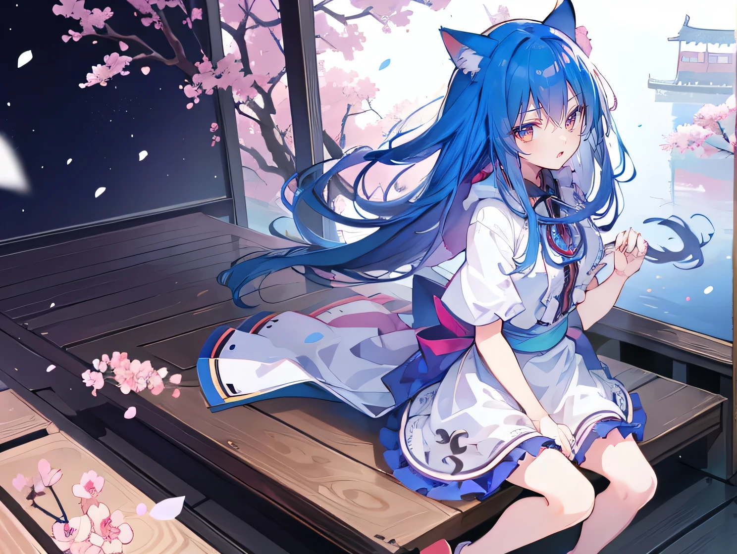 (masterpiece:1.2),Super detailed,lifelike,Expressive eyes,fair skin,perfect face shape,1 girl,
Japanese comics,Gorgeous blue hair,flowing blue hair,flowing clothes,Cat ears,Petals fall,beautiful lola,Baby Angel,
Shaking head with one hand,Cross your legs,Gentle and peaceful background,The pavilion is cool and comfortable,smile, wearing hoodie, background of tokyo,back views,snowing, winter.