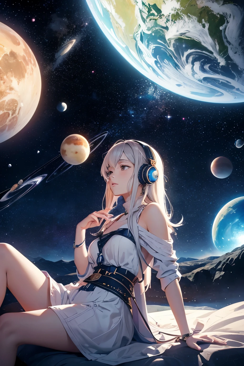 Linda Girl, Absorbed in Lofi Hip-hop Music with Headphones. Detailed, Manga-inspired Relaxing Woman Portrait. engaging in a tranquil moment. Lush space artwork: Stars and planets adorn the backdrop. High definition, 16x9 4k format.

Masterpiece, top-tier quality,
Reclining figure,
Lofi hip-hop melody playing in ears,
Tranquil expression,
Immersed in ethereal atmosphere,
Space artwork in the background,
Detailed rendering of stars and planets,
16:9 aspect ratio,
high-resolution 4k format.