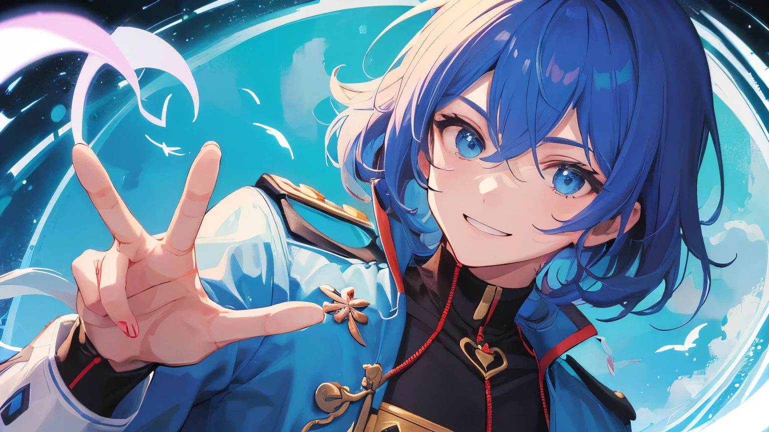 um homem, cabelo curto, sorrindo, segurando um controle de videogame, making peace and love symbol with hand, fundo verde e azul