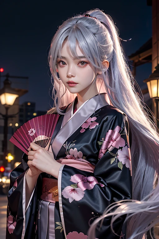 15 years old、woman、whole body、Evil Face, Red eyes, Iris,Silver Hair、City of night、Pink kimono、Long Hair、whole body、Holding a folding fan