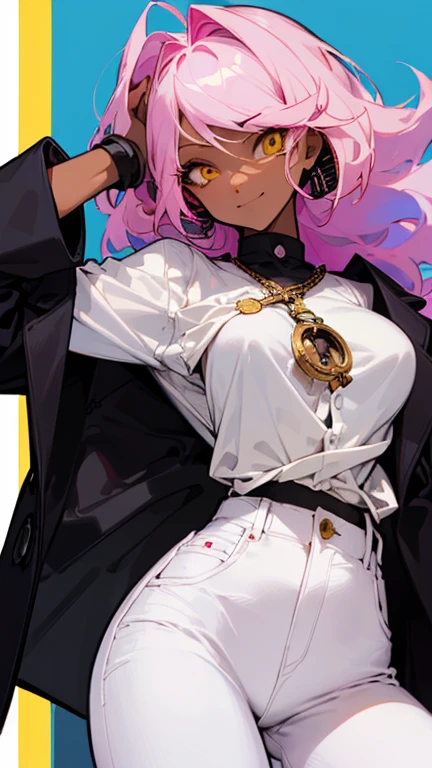 (highest quality、masterpiece:1.2) 1 Female, adult, ((Dark skinned women、Hair over the ears)), light pink hair, blue hair, mixed hair color, yellow Eyes, (monocle), ((black jacket, white shirt, white jeans)), (Malicious smile), villain, sharp eye, underboob, little earring, dynamic pose, jacket lift,