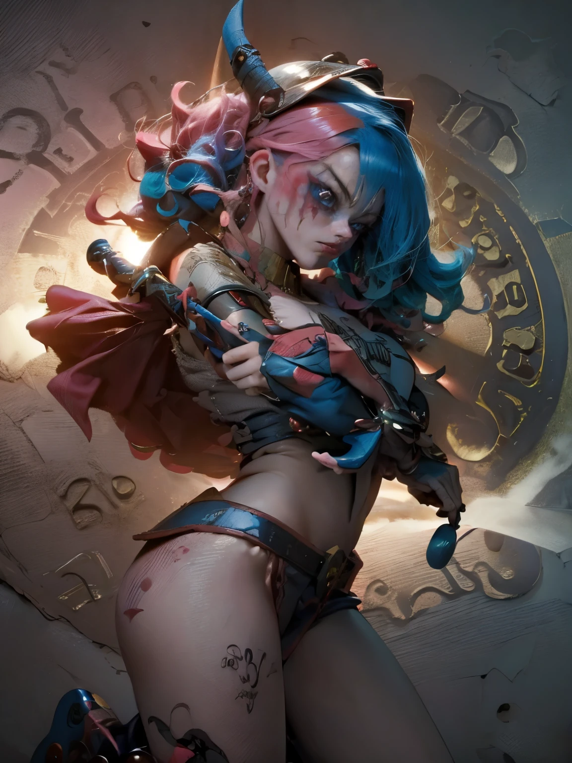 Hermosa y sensual dark magician gils vestida como Harley Quinn. pelo rojo y azul. Labios rojos. Ojos azules. Pose sensual y sexy. Toma cuerpo completo.