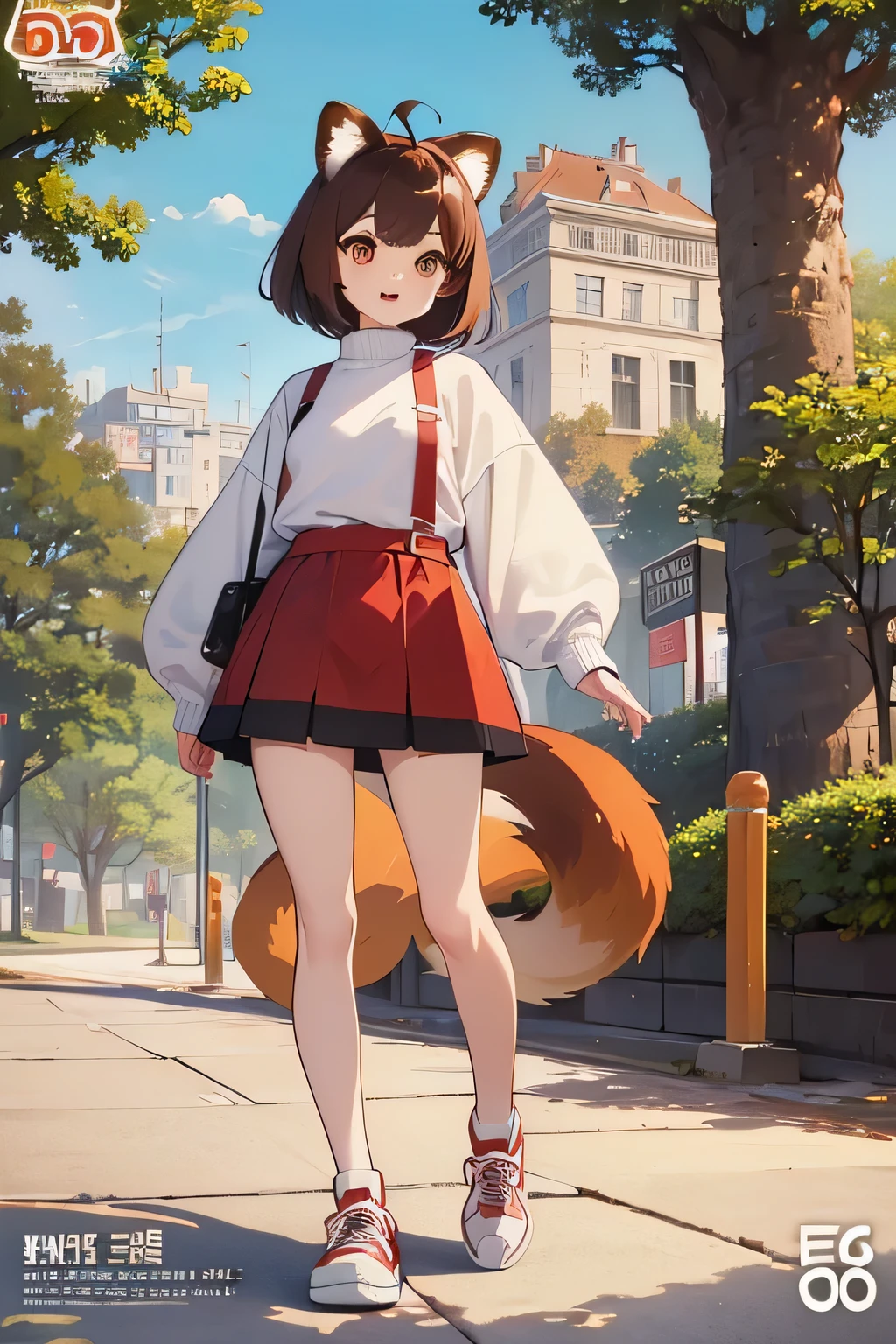 red panda girl, brown hair, bob cut, ahoge, white sweater, :D, black skirt, sweater tucked in, full body, sneakers, looking at viewer, tail, at park, tree, (uploaded on e621, furry, anthro, kemono:1.3),, (best quality, masterpiece, illustration, ultra-detailed:1.3)
