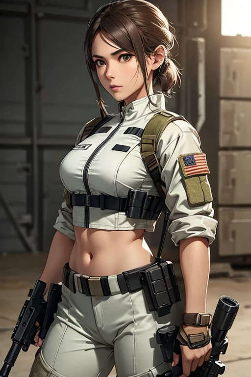 a woman in a white outfit holding a rifle and wearing headphones, 24-year-old woman, Filipino woman, tan bronze skin, soldier girl, mechanized soldier girl, military girl, beautiful female soldier, female lead character, infantry girl, of a sniper girl in war, solo female character, future combat gear, close up half body shot, Women in crop top military bulletproof vest, showing navel, quiet from metal gear solid v, wearing tactical gear, dressed in tactical armor