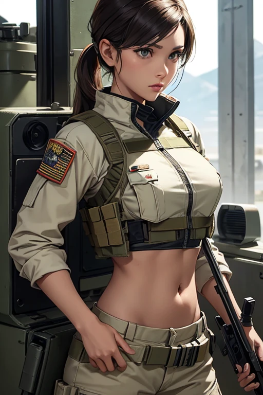 In war, Woman in white holding a rifle and wearing headphones, 24 year old woman, young soldier, mechanized young soldier, Military Girl, beautiful female soldier, Female lead character, Military Girlราบ, Girl's sniper at war, solo female character, Future combat equipment, Half-body close-up, Woman wearing military bulletproof crop top, Show navel, Wear tactical equipment, Wear tactical armor., (realistic navel shape)