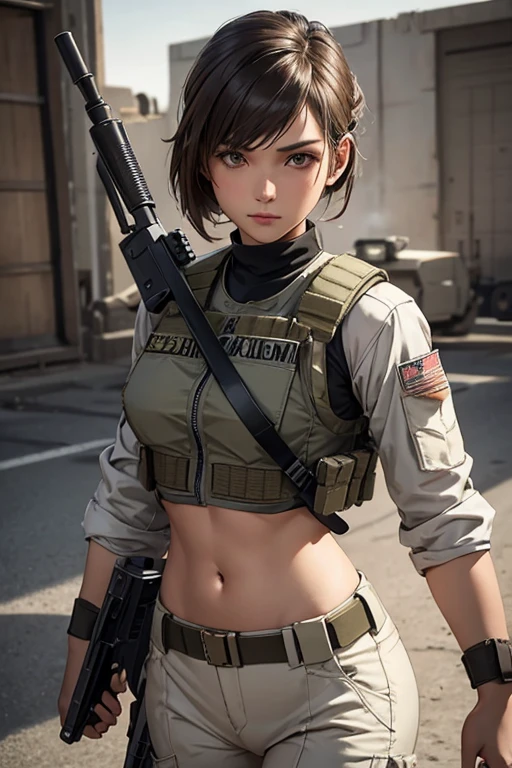 a woman in a white outfit holding a rifle and wearing headphones, 24-year-old woman, Filipino woman, tan bronze skin, soldier girl, mechanized soldier girl, military girl, beautiful female soldier, female lead character, infantry girl, of a sniper girl in war, solo female character, future combat gear, close up half body shot, Women in crop top military bulletproof vest, showing navel, quiet from metal gear solid v, wearing tactical gear, dressed in tactical armor