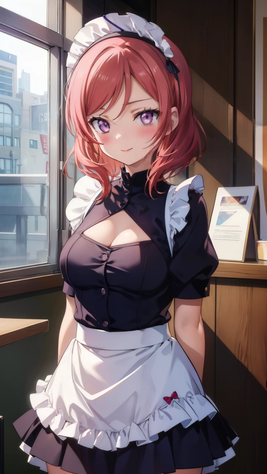 (masterpiece)1 girl, maki nishikino、Maid clothes、Waitress Uniform、highest quality, Expressive eyes, Perfect Face, Most of the upper body, smile, blush, indoor,coffee shop、Many people々々々、Day, Simple Background, lie, looking for , Bright sky, looking for at viewer, stage, Moody lighting、Very large breasts、Cleavage、Standing position、whole body、High Waist Mini Skirt、