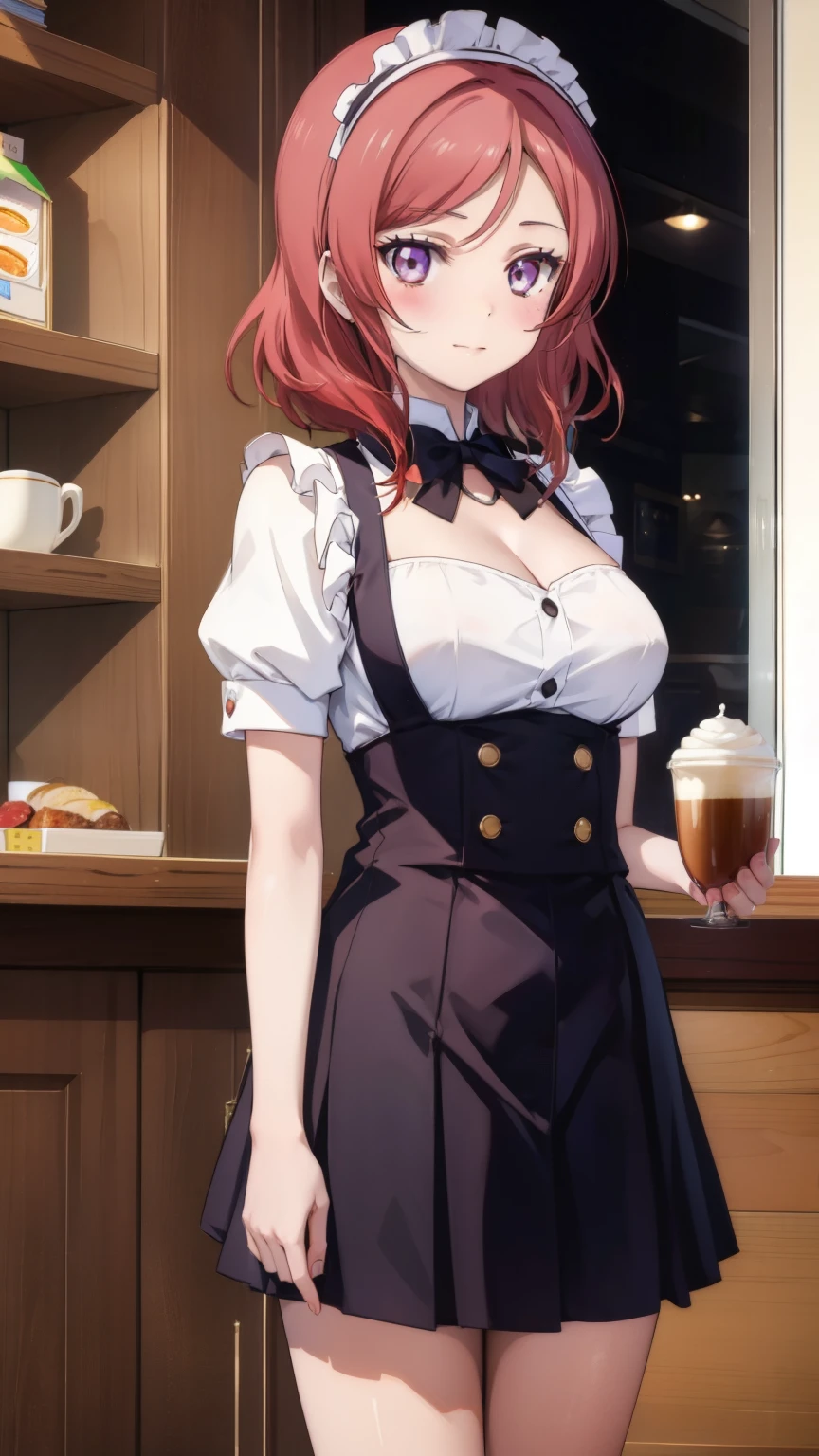 (masterpiece)1 girl, maki nishikino、Maid clothes、Waitress Uniform、highest quality, Expressive eyes, Perfect Face, Most of the upper body, smile, blush, indoor,coffee shop、Many people々々々、Day, Simple Background, lie, looking for , Bright sky, looking for at viewer, stage, Moody lighting、Very large breasts、Cleavage、Standing position、whole body、High Waist Mini Skirt、