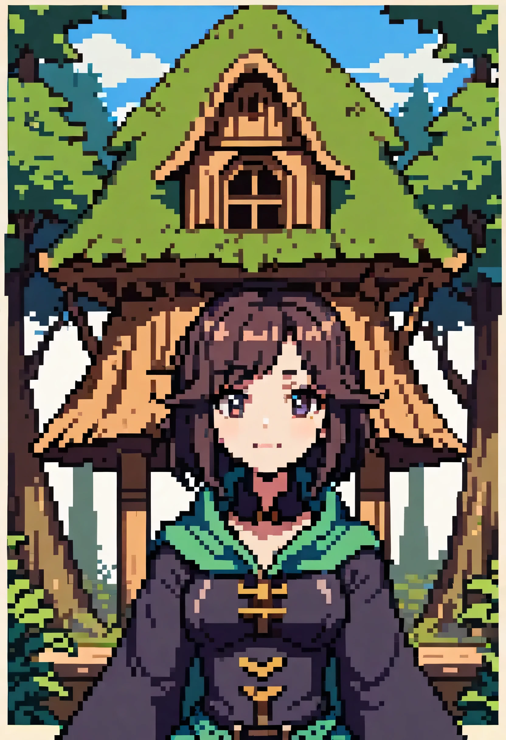 1girl, upperbody, witch, forest hut background,