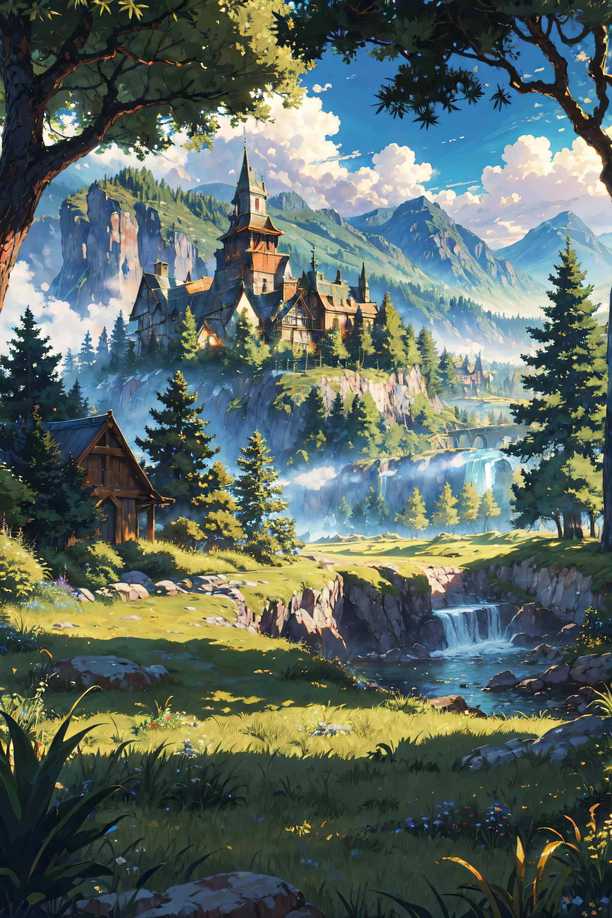 Fantasy, Medieval works, best quality:1.2), outdoor, nature, forest, pine, grass, tall grass, detailed grass, plant, day, cloud, village, river