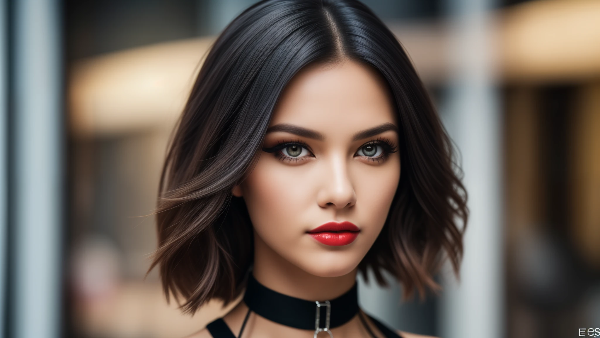 tmasterpiece,best qualtiy,hdr, hyper HD, 8K,Bokeh,Ultra-fine painting,Sharp focus,Physically-based rendering,Extreme detail description,portraitures,half-body photo, choker, (black eyeshadow:1.1), (red lips:0.95), looking at viewer, (EOS R8, 50 millimeters, F1.2, 8K, RAW photo:1.2)