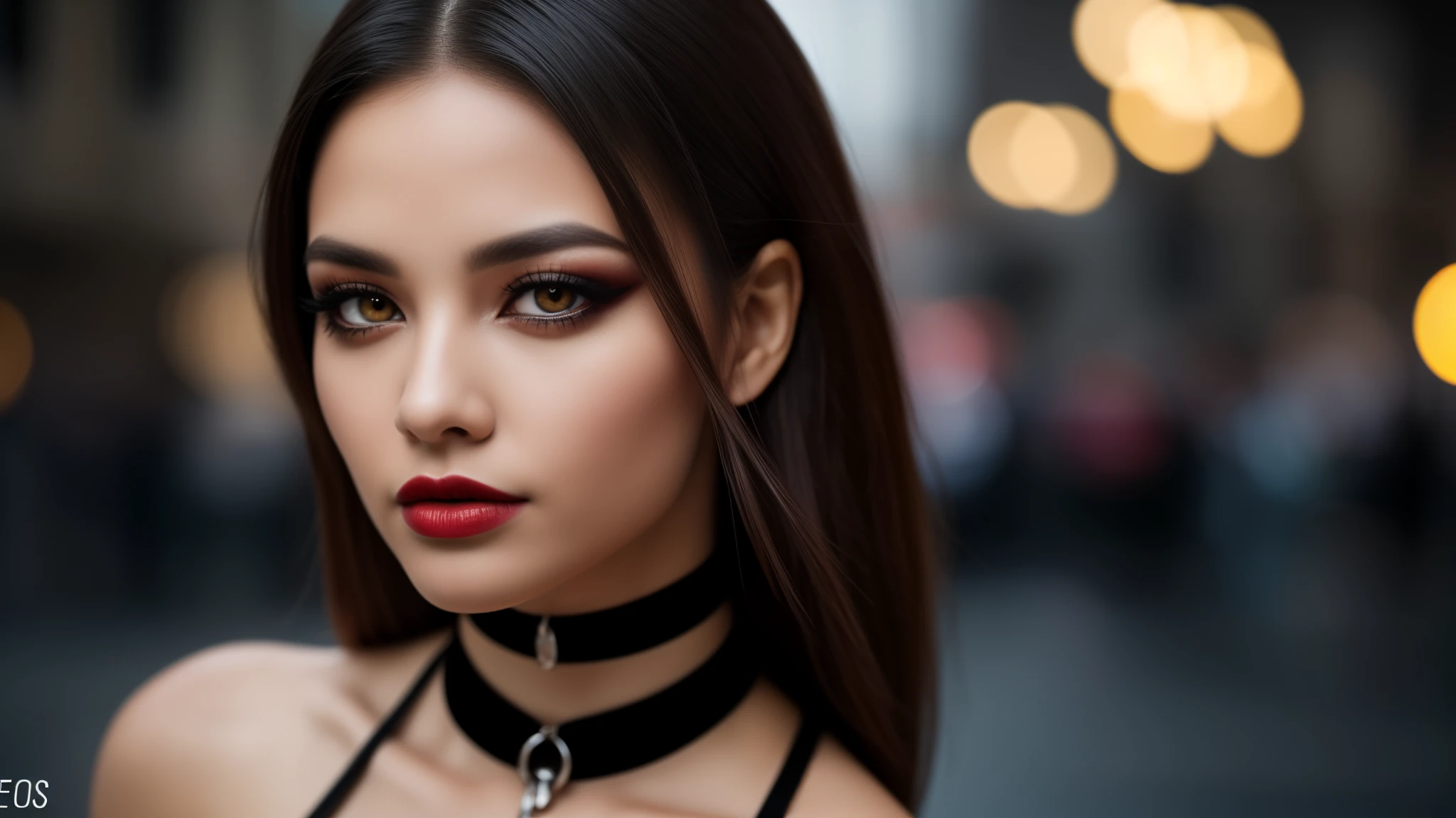 tmasterpiece,best qualtiy,hdr, hyper HD, 8K,Bokeh,Ultra-fine painting,Sharp focus,Physically-based rendering,Extreme detail description,portraitures,half-body photo, choker, (black eyeshadow:1.1), (red lips:0.95), looking at viewer, (EOS R8, 50 millimeters, F1.2, 8K, RAW photo:1.2)