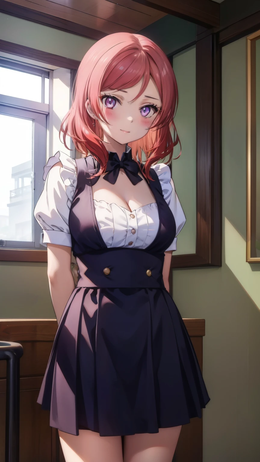 (masterpiece)1 girl, maki nishikino、Maid clothes、Waitress Uniform、highest quality, Expressive eyes, Perfect Face, Most of the upper body, smile, blush, indoor,coffee shop、Many people々々々、Day, Simple Background, lie, looking for , Bright sky, looking for at viewer, stage, Moody lighting、Very large breasts、Cleavage、Standing position、whole body、High Waist Mini Skirt、