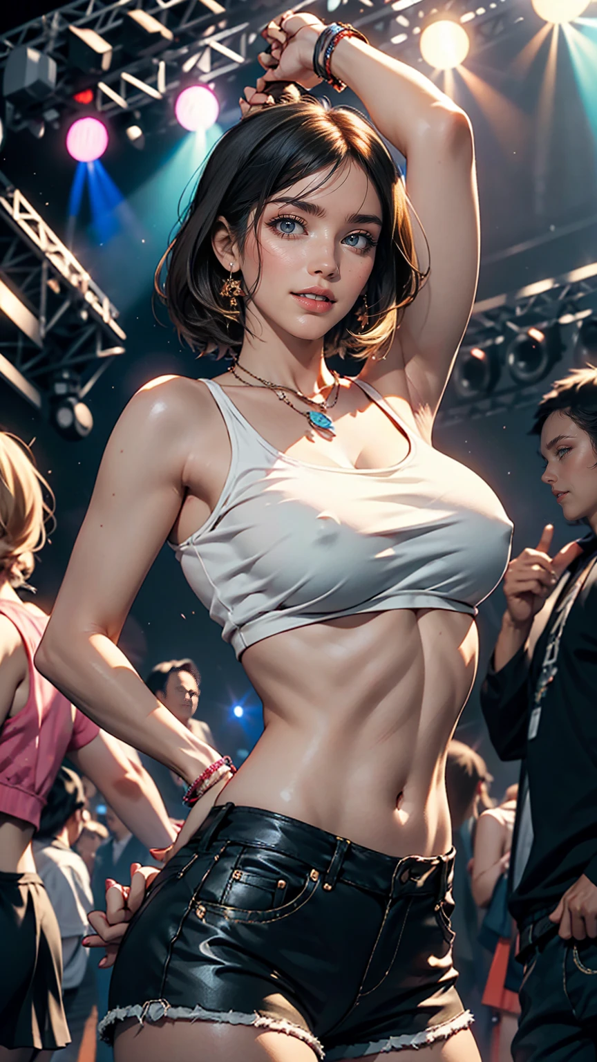 Music Festivals: 大規模なMusic Festivalsの中で、A white woman in an underboob top is dancing with her friend。They blended in with the excitement of the venue.、I enjoy it to the music。