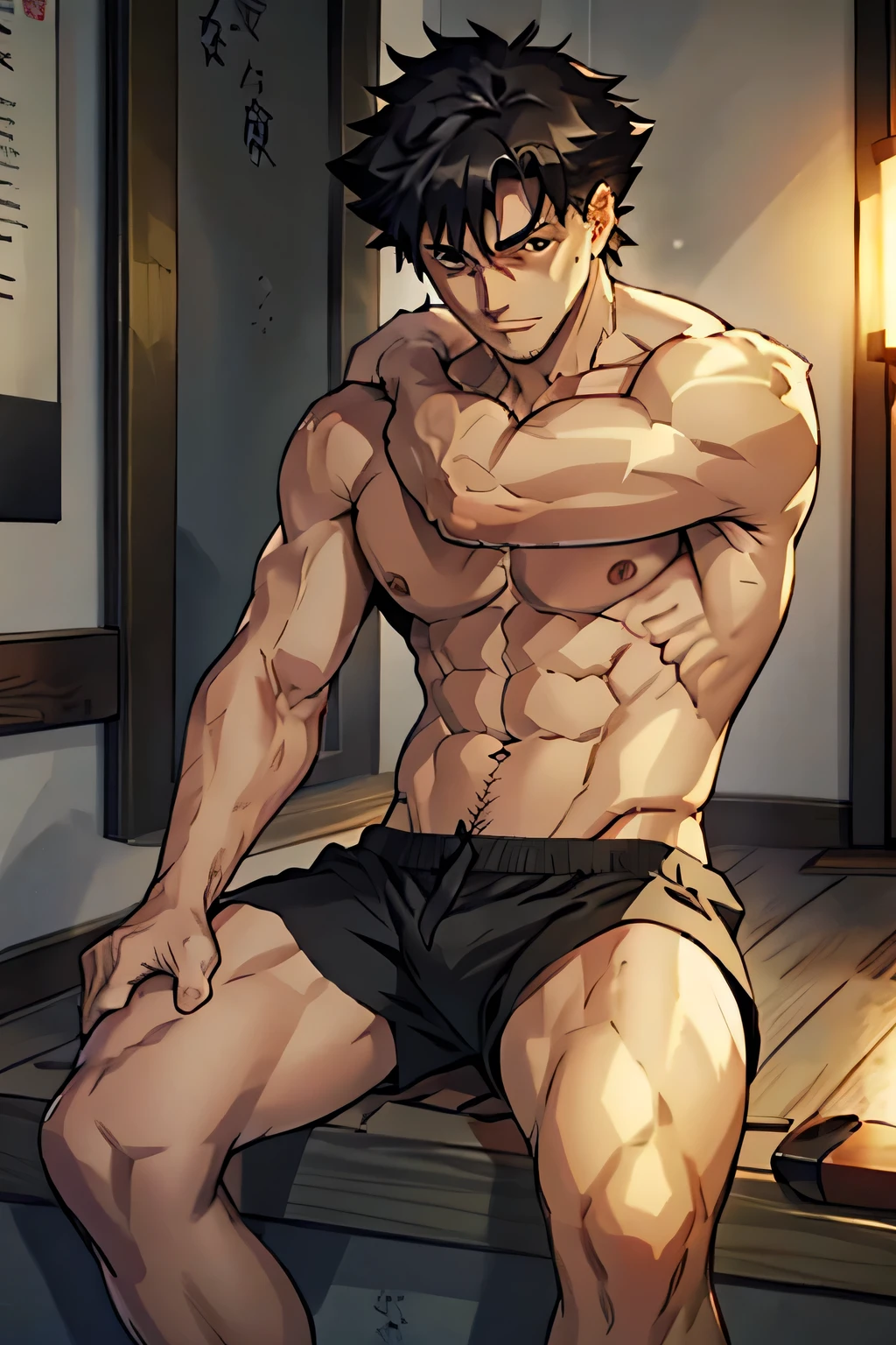 Kiritsugu Emiya is shirtless and sitting in black short boxershorts and flexing his calfes