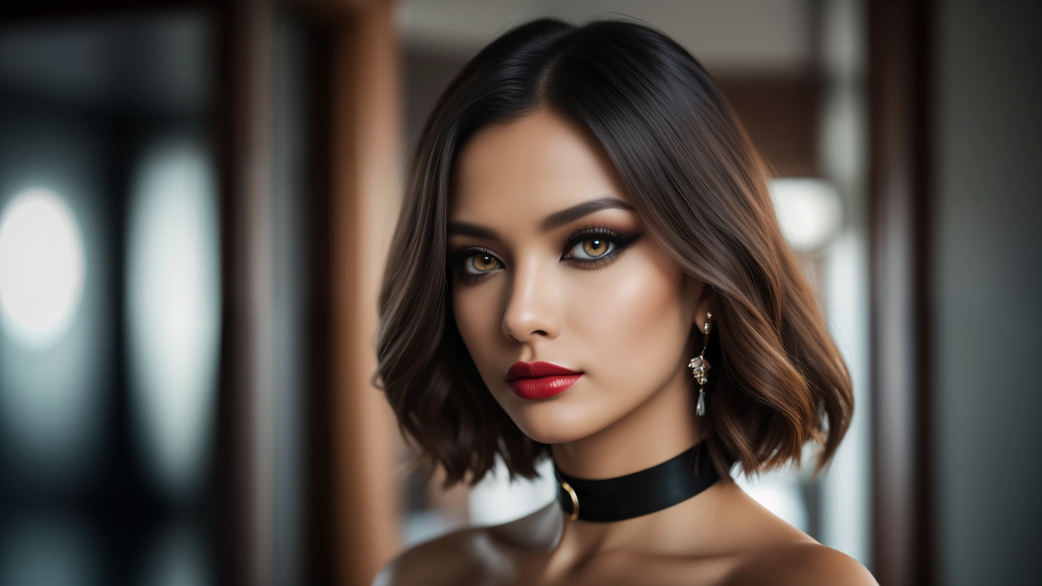 tmasterpiece,best qualtiy,hdr, hyper HD, 8K,Bokeh,Ultra-fine painting,Sharp focus,Physically-based rendering,Extreme detail description,portraitures,half-body photo, choker, (black eyeshadow:1.1), (red lips:0.95), looking at viewer, (EOS R8, 50 millimeters, F1.2, 8K, RAW photo:1.2)