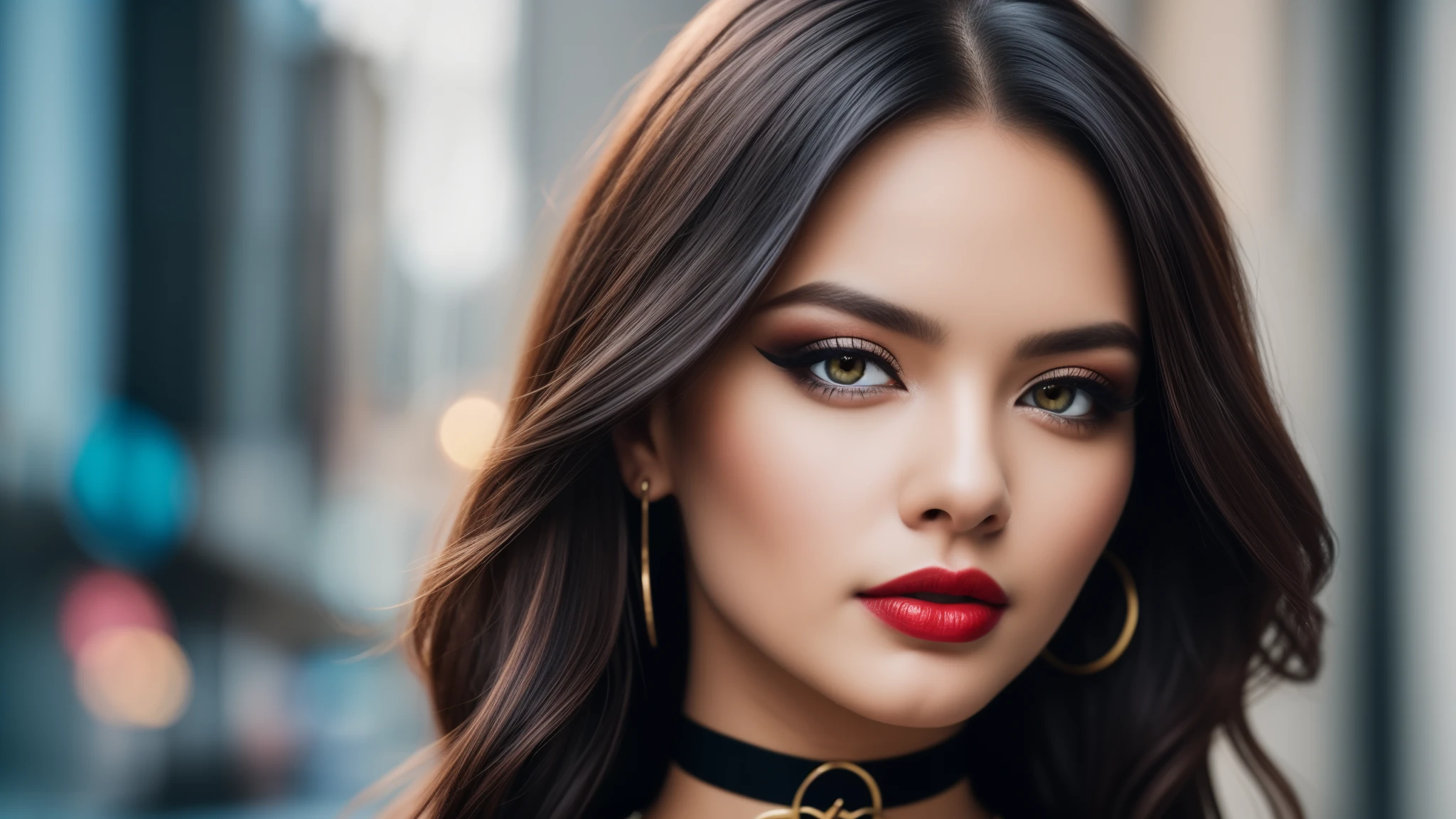tmasterpiece,best qualtiy,hdr, hyper HD, 8K,Bokeh,Ultra-fine painting,Sharp focus,Physically-based rendering,Extreme detail description,portraitures,half-body photo, choker, (black eyeshadow:1.1), (red lips:0.95), looking at viewer, (EOS R8, 50 millimeters, F1.2, 8K, RAW photo:1.2)