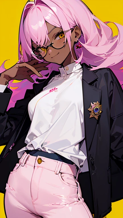 (highest quality、masterpiece:1.2) 1 Female, adult, ((Dark skinned women、Hair over the ears)), light pink hair, blue hair, mixed hair color, yellow Eyes, glasses, ((black jacket, white shirt, tiny jeans)), (Malicious smile), villain, sharp eye, underboob, little earring, dynamic pose, clothes off,