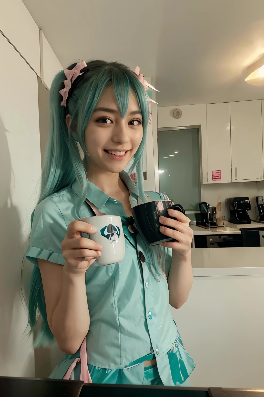 Um png da personagem Hatsune miku com cara de quem acabou de acordar, holding a mug of coffee, com cara de enjoada e mal humorada