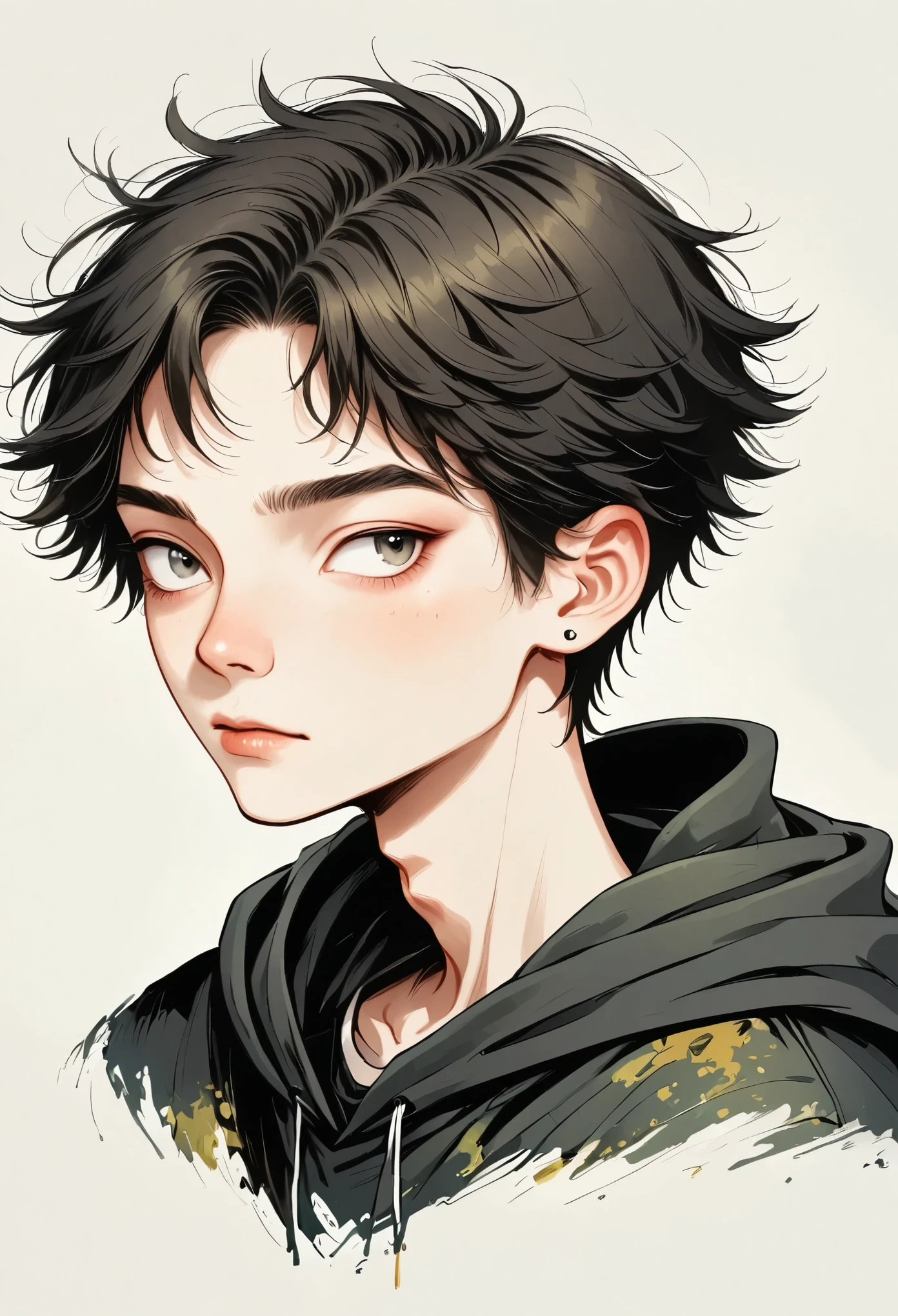 A age boy, 17 yort hair, black pixie cut, black hoodie