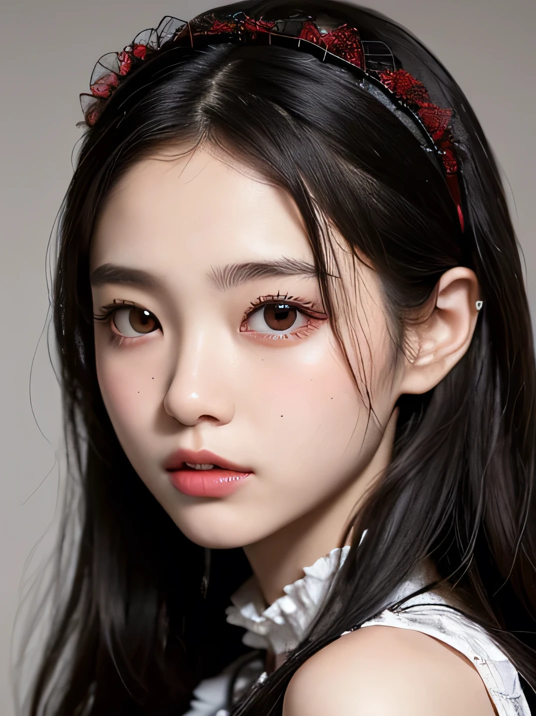 ((Highest quality)), ((Masterpiece)), ((Detailed))

Photorealistic portrait of a stunningly beautiful Japanese girl, 17 years old. Her face is perfectly rendered, with delicate features, including a refined nose, full rosy cheeks, and meticulously painted pores. The image is utterly vivid and lifelike, with no background to distract from the entrancing subject.

Her long, straight, messy black hair cascades down her shoulders, adding to her ethereal allure. Framing her face is a red mesh headband, indicating her affinity towards gothic and Lolita fashion. Her striking large, slanted eyes are accentuated by intense red